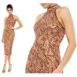 MAC DUGGAL Sequin Plaid Halter Neck Cocktail Dress in Copper Size US 4